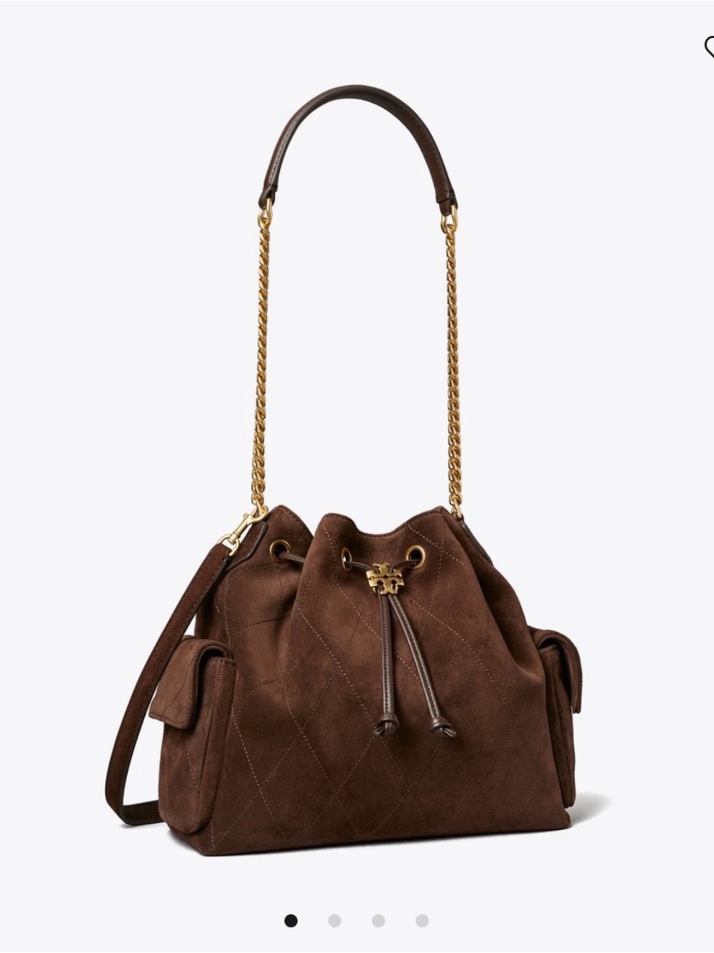 NWT TORY BURCH CHARLIE QUILTED SUEDE DRAWSTRING SHOULDER BAG COCOA